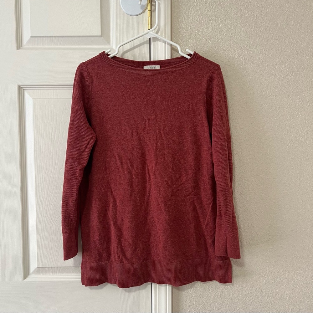 LOFT Outlet Textured Sleeve Knit Crewneck Sweater Burgundy Size Medium